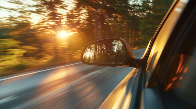 Sunset Road Trip: Golden Hour Drive Through Forest, Side Mirror View, Motion Blur - Powered by Adobe