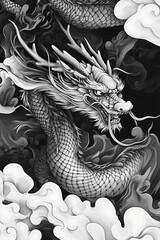 Majestic black and white dragon coiling through swirling clouds in a mystical atmosphere