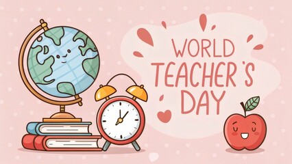 Cute cartoon illustration celebrating world teacher's day with globe, books, alarm clock and apple on a pink background