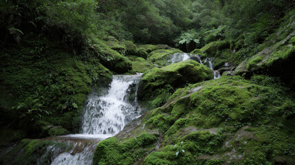 Misty waterfall cascading over mossy rocks in lush forest setting