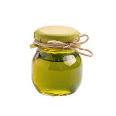 Small, round glass jar with olive-green liquid.  Natural, tied lid