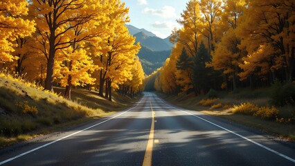 Obraz premium A scenic road flanked by vibrant yellow autumn trees with mountains in the background under a partly cloudy sky.