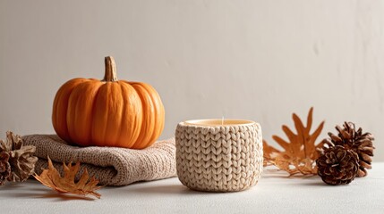 Autumnal Still Life with Knit Candle Pumpkin and Pinecones