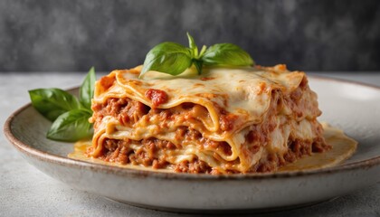 Fototapeta premium Classic Italian lasagna featuring layers of pasta sheets, rich Bolognese sauce, creamy bechamel, melted mozzarella cheese, garnished with fresh basil. Delicious, hearty portion of homemade comfort