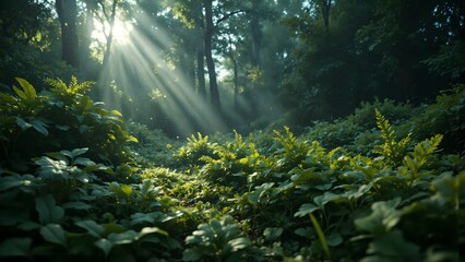 Obraz premium Sunlight filters through dense forest trees, illuminating lush green plants and creating a serene, natural atmosphere.