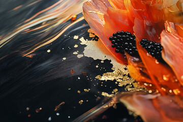 Elegant fusion of beetroot and carrots with caviar, gold leaf and truffle oil on slate plate Generative AI