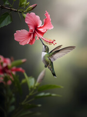 Fototapeta premium Hummingbird's Dance A Tiny Bird Soaring Gracefully to Sip Nectar from a Vibrant Pink Hibiscus Blossom in a Lush Garden