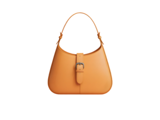 Orange leather shoulder bag with silver buckle isolated on a transparent background handbag