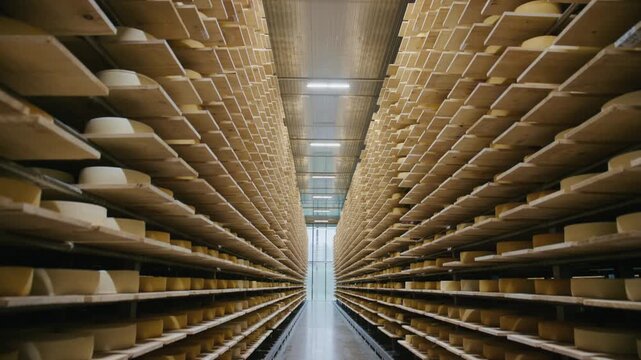 Temperature controlled cheese factory interior showing multiple wooden shelves stacked with aging cheese wheels, representing traditional dairy production and modern food manufacturing processes