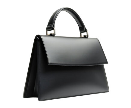 Sleek black leather handbag featuring a structured design and clean lines isolated on transparent background.