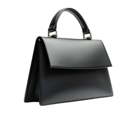 Sleek black leather handbag featuring a structured design and clean lines isolated on transparent background.