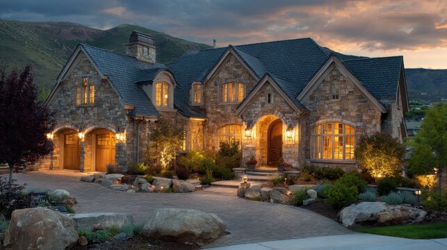Stone luxury house at dusk, with a mountain backdrop, and lush landscaping. Perfect for real estate ads, or showcasing high-end home design.