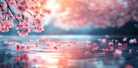 Cherry Blossoms and Petals Floating on Water