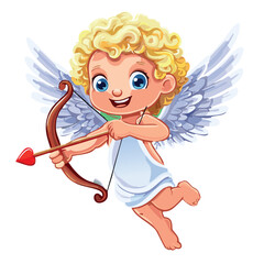 A cute angelical cupid angelical with blondy curly hair flying and holding bow and arrow