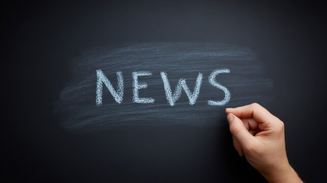 A hand is writing the word news on a chalkboard