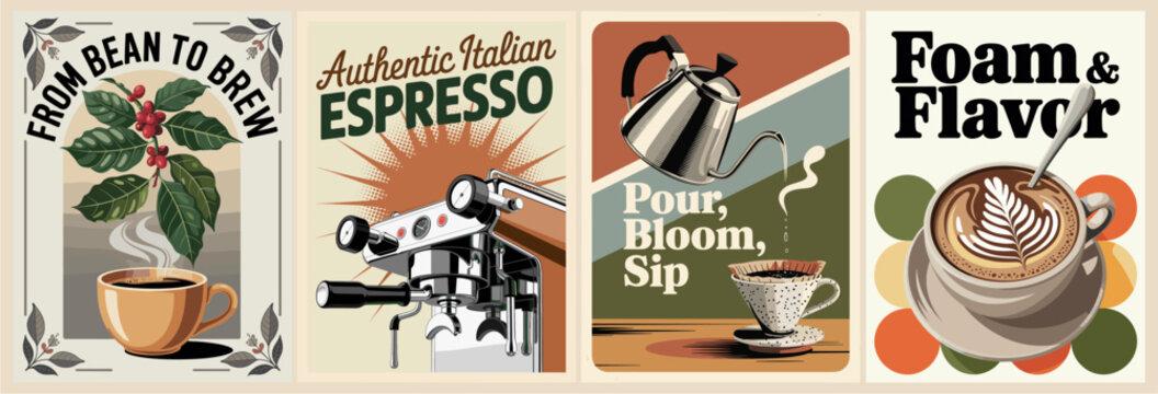 Set of retro coffee posters featuring coffee cups, espresso machines, and pots in mid-century modern style. Perfect for vintage kitchen wall art and café decor.