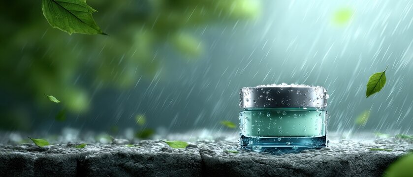 Cosmetic cream jar outside in the rain with falling leaves