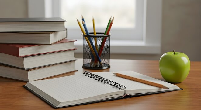 Stack of books open notebook pencils and green apple on a wooden desk