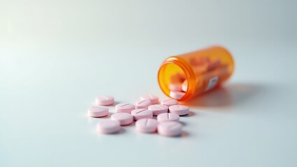 Pink pills spilling from prescription bottle medication health concept