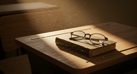 Vintage eyeglasses resting on an old book on a wooden school desk with dramatic light