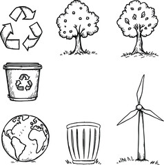 Black-and-White Vector Illustration of Environmental Symbols Grid – 7-Item Eco Awareness Silhouette Set