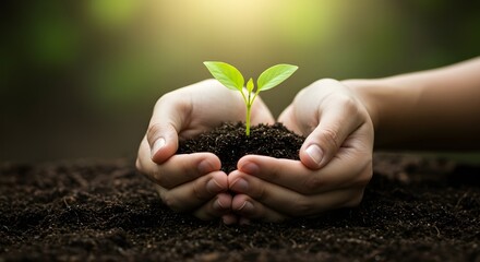 Close up of hands gently holding a young plant seedling with soil and sunlight