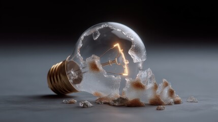 Shattered light bulb with exposed filament on a dark background