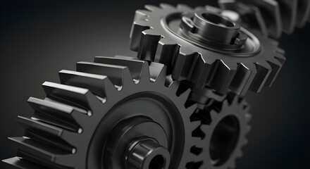 Close up of interlocking metal gears in a mechanical system against a dark background