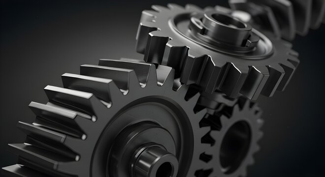 Close up of interlocking metal gears in a mechanical system against a dark background