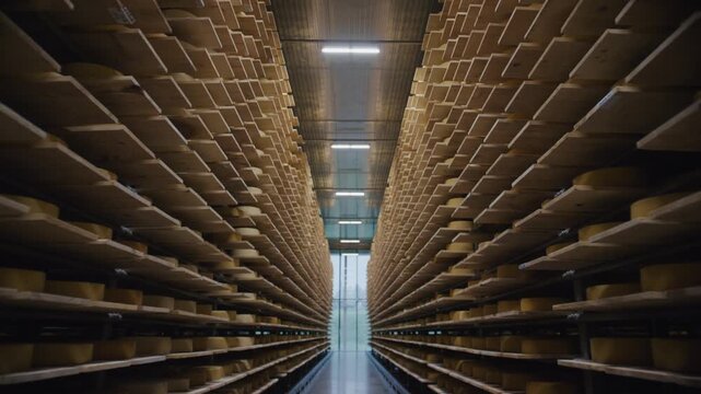Artisanal cheese wheels resting on wooden shelves inside temperature controlled warehouse, showcasing traditional maturation process of premium dairy production