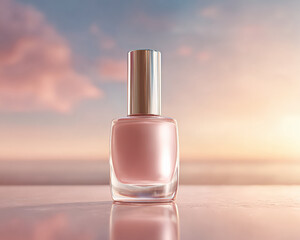 Minimalistic and elegant nail polish bottle stands against serene sunset backdrop, showcasing soft pink hue that evokes feelings of luxury and sophistication