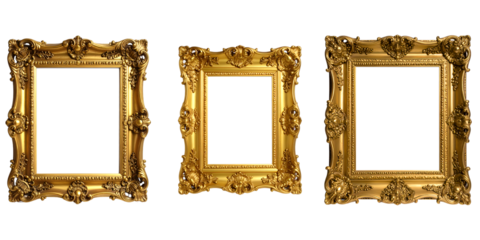Antique Golden Ornate Photo Frames Isolated on White Background Vintage Baroque Style Decorative Frame Collection

