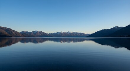 Serene mountain lake reflecting the clear blue sky and distant peaks at dawn