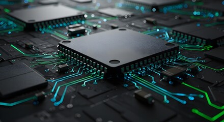 Close up of a complex computer motherboard with glowing green circuitry and microchips