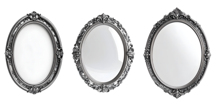 Discover elegance with ornate vintage silver oval mirrors perfect for creating a luxurious vintage aesthetic in any space Generative ai