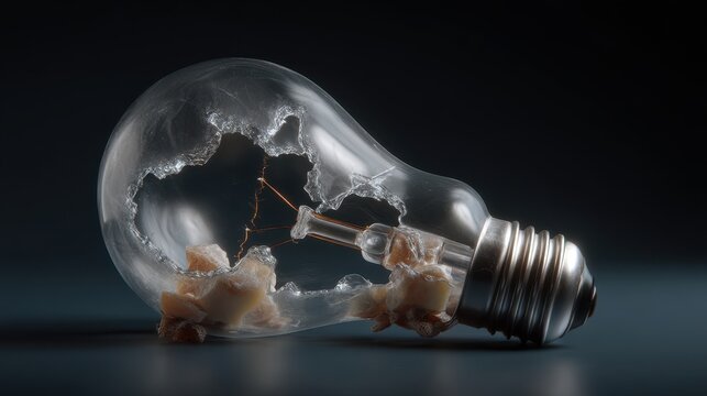 Shattered light bulb with exposed filament on dark background - Powered by Adobe