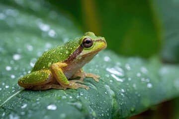 Naklejka premium Tiny green frog on dewy leaf (1)