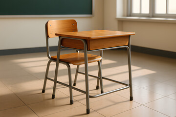 Classic classroom setup featuring a wooden desk and a matching chair positioned in front of a green chalkboard, ready for a student to begin learning in a traditional educational setting.