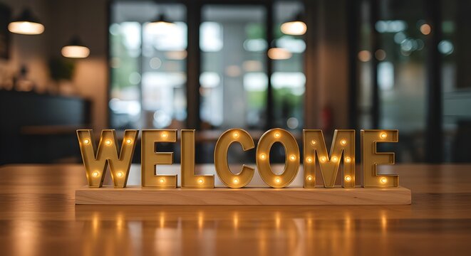 Illuminated golden welcome sign on a wooden table with blurred background