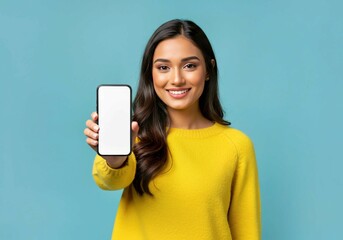 young woman with mobile phone, Young Indian woman presents blank smartphone screen. Happy girl shows device with empty display. Modern tech, app, design, advertising concept. Female holds mobile phone