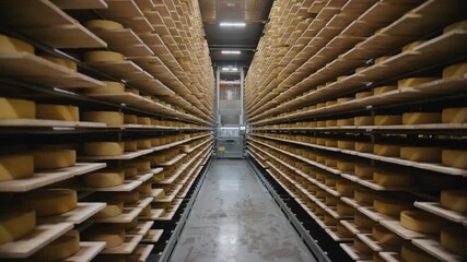 Large quantities of cheese wheels age in a temperature controlled environment, arranged on wooden shelves within a modern cheese factory, showcasing traditional cheesemaking techniques
