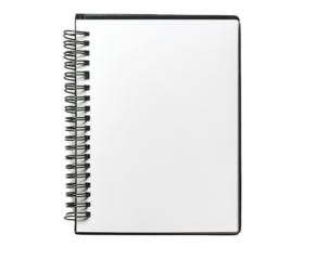 Open blank spiral notebook with black binding showcasing clean white pages, displayed on transparent background