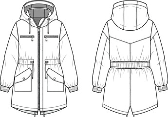 Technical fashion flat of women’s winter parka coat, front and back view, hooded design, vector outline, cad sketch illustration