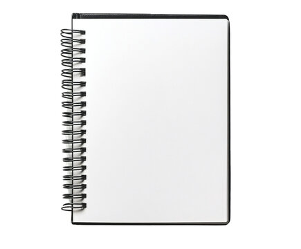 Open blank spiral notebook with black binding showcasing clean white pages, displayed on transparent background