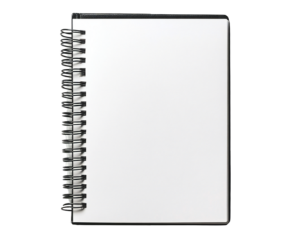 Open blank spiral notebook with black binding showcasing clean white pages, displayed on transparent background