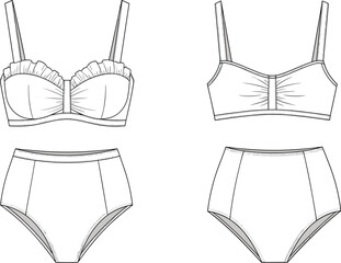 Women's lingerie technical flat, stylish bra and panty design, front and back CAD drawing, fashion apparel vector illustration