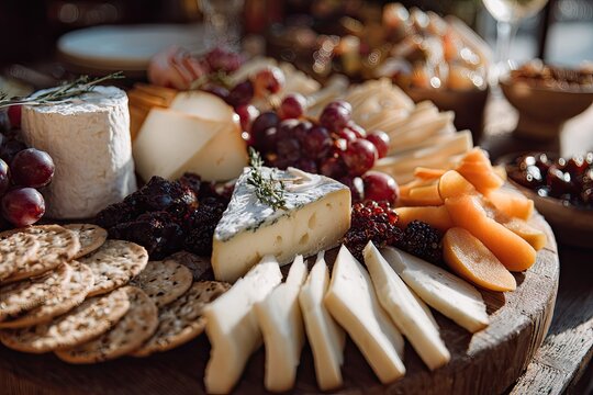 Wooden platter loaded with assorted cheeses, grapes, crackers, and fruit