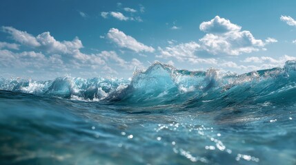 Serene Seascape with Gentle Waves Under a Bright Blue Sky and Fluffy White Clouds at Sunset