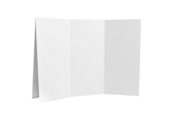 Blank trifold brochure mockup for presentation. Empty three-panel paper booklet template, isolated on a clean white background.