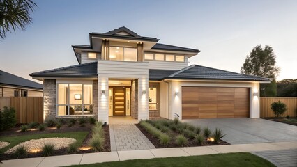 Fototapeta premium Modern farmhouse style home exterior shows a welcoming front porch in a suburban neighborhood streetscape.